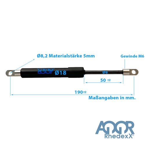 Gasfeder mit Maßen: Länge 190 Millimeter, Hub 50 Millimeter, Gewinde M6, Zylinder 18 Millimeter, Kolbenstange 8 Millimeter. Rhedexx Logo.