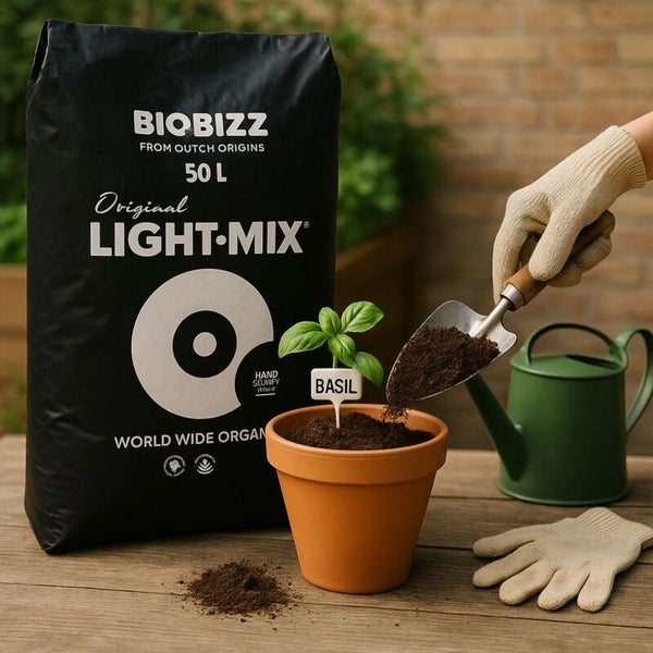 Biobizz Original Light-Mix 50 Liter Sack neben einem Pflanztopf mit Basilikum, der mit einer Handschaufel mit Erde befüllt wird.