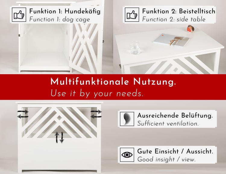 WONDERMAKE® Design Hundekäfig aus Holz für Zuhause Wohnung mit Beistelltisch, Hundebox fürs Wohnzimmer Indoor, 90x60 cm weiß