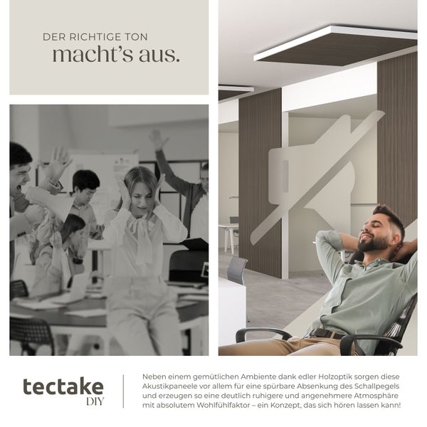 Auf dem Bild sind Bürosituationen vor und nach der Installation von Akustikpaneelen dargestellt, um die Lärmreduzierung zu veranschaulichen.