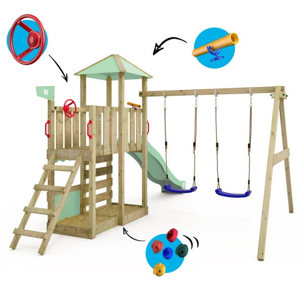 WICKEY Spielturm Klettergerüst Smart Savana mit Schaukel und Rutsche, Spielhaus mit Kletterleiter und Spiel-Zubehör – pastellgrün