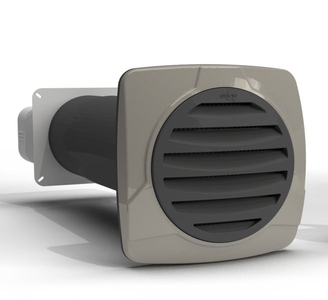 Wandventilator mit quadratischer Blende und rundem Lamellengitter für die Belüftung von Wohnräumen.