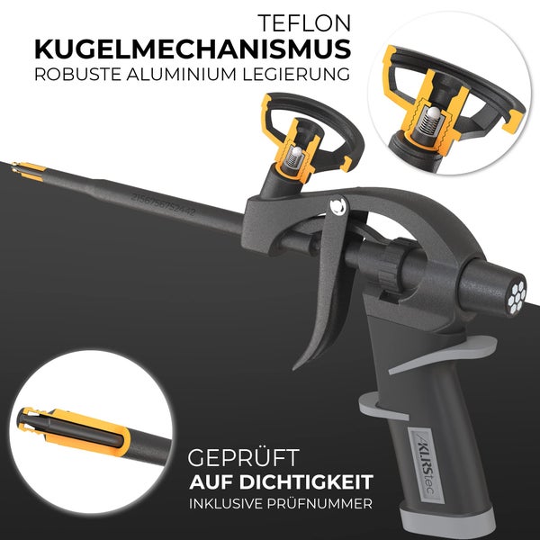 KLRStec® PROFESSIONAL PU Schaumpistole Teflon beschichtet (PTFE) - Profi Montagepistole I Bauschaumpistole mit Einhandjustierung (1k & 2k 750ml) inkl. Zubehör