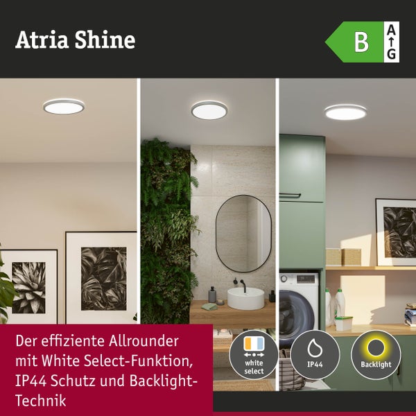 LED-Panel Atria Shine in Wohnräumen mit White Select-Funktion, IP44-Schutz, Backlight-Technik und Energieeffizienzklasse B.