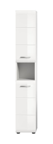 Badezimmer-Hochschrank in Weiß Hochglanz mit zwei Türen, Metallgriffen und einem offenen Fach in der Mitte.