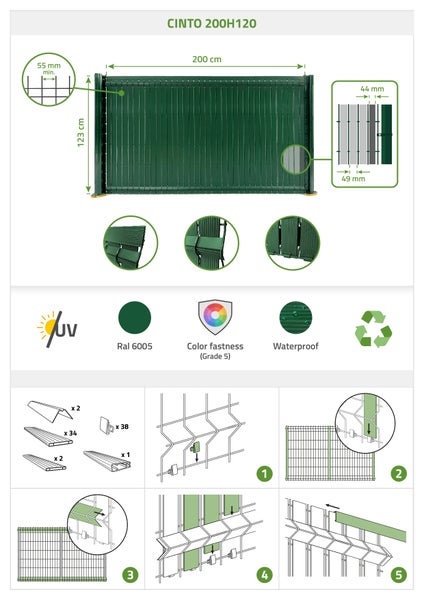 PVC-Sichtschutzlamellen-Set 2m CINTO H.120cm Grün