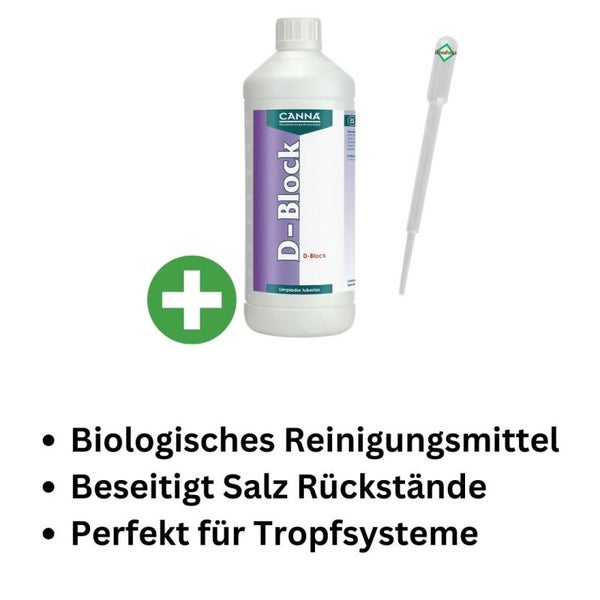 Canna D-Block 1L – Reinigung für Tropfsysteme & Schläuche – Biologisch abbaubarer Dünger-Reiniger gegen Salzablagerungen – Für saubere Bewässerungssysteme beim Indoor- & Outdoor-Grow