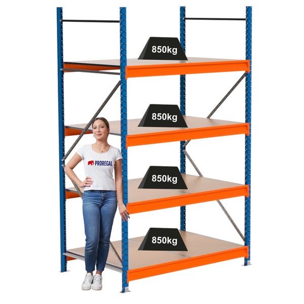 Lagerregal mit vier Ebenen und einer Traglast von 850 Kilogramm pro Ebene