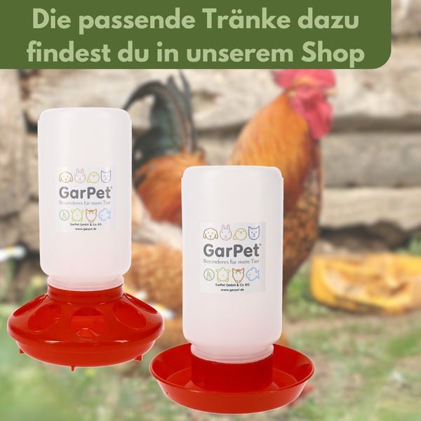 Zwei GarPet Tierwasserspender mit roter Basis vor unscharfem Hintergrund