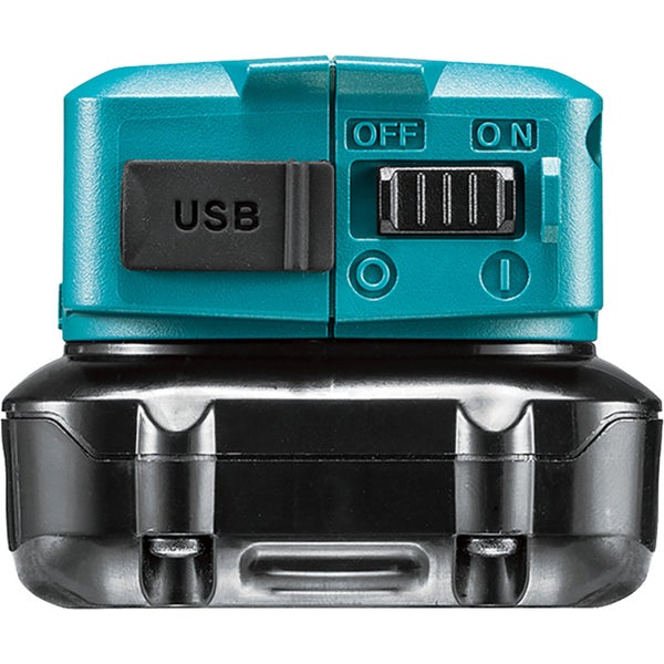 Aufsicht auf einen Akku mit USB-Anschluss und Ein-Aus-Schalter