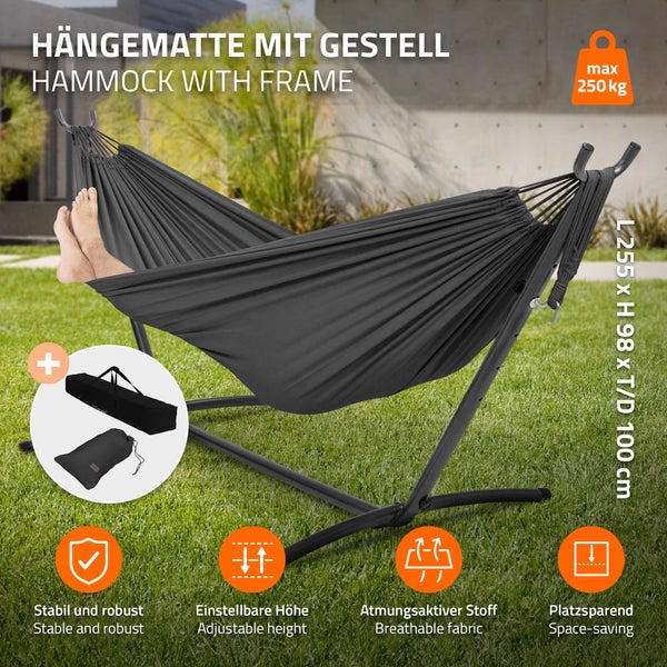 ML-Design Doppel Hängematte mit Stahlgestell, Dunkelgrau, Platz für 2 Personen, Indoor & Outdoor, XXL Hängesessel mit Tragetasche, Hängemattengestell, Doppelhängematte mit Ständer, für Garten & Balkon