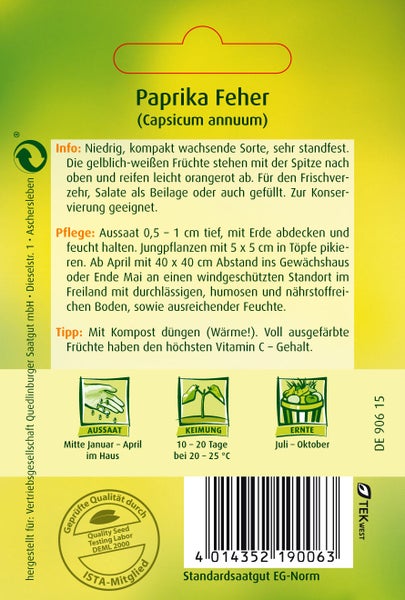 Rückseite der Saatgutpackung für Paprika Feher mit Anbauhinweisen, Zeitplänen für Aussaat und Ernte sowie Qualitätssiegeln.