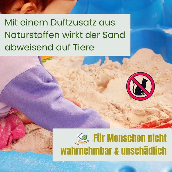 Kind spielt im Sandkasten; der Sand enthält einen Duftstoffzusatz aus Naturstoffen, der Tiere abwehrt und für Menschen nicht wahrnehmbar und unschädlich ist. Warnhinweis: Tiere werden abgewehrt.