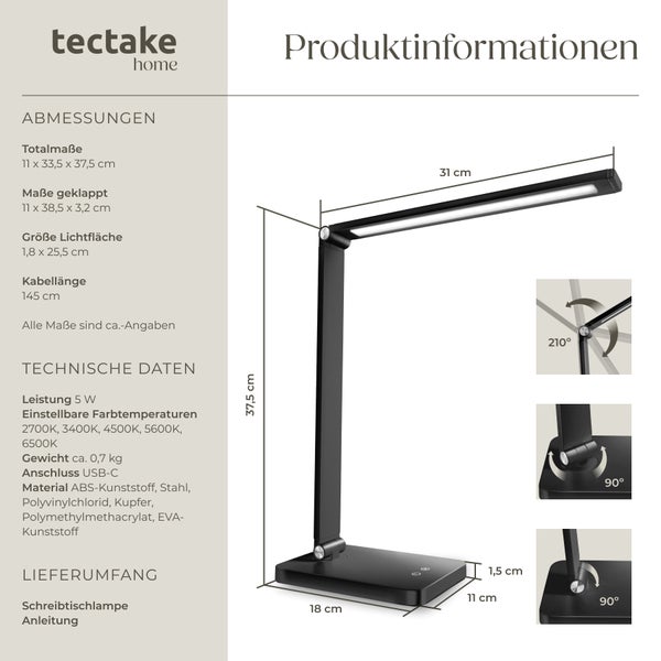 tectake Novaly Schreibtischlampe Novaly, LED, dimmbar, klappbar, 5W inklusive USB-Anschluss schwarz