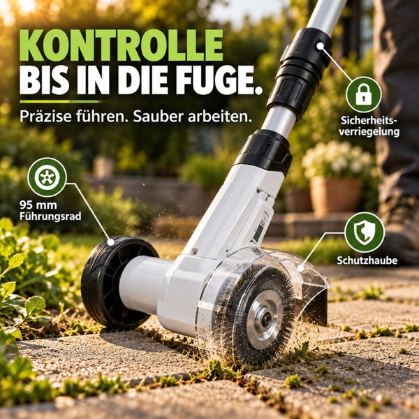 Trutzholm Akku Fugenreiniger mit zwei Bürsten, Akku und Ladegerät für die gründliche Entfernung von Unkraut zwischen Pflastersteinen.