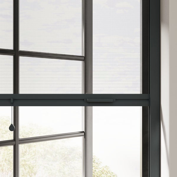 Insektenschutzrollo für Fenster in Anthrazit, Detailansicht von Griffschiene und feinmaschigem Gewebe.