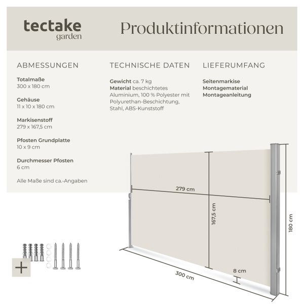 Seitenmarkise tectake  180 x 300 cm aus Aluminium beige