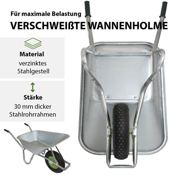 Schubkarre mit verzinktem Stahlgestell und verschweißten Wannenholmen für maximale Belastung