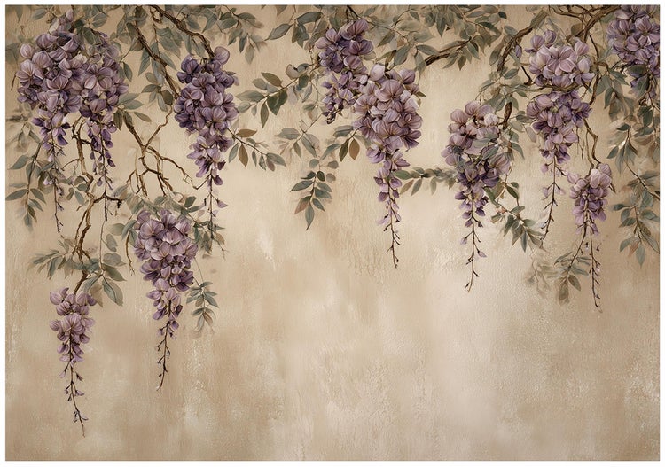 Wandbild mit Glyzinienblüten und Blättern an Ästen