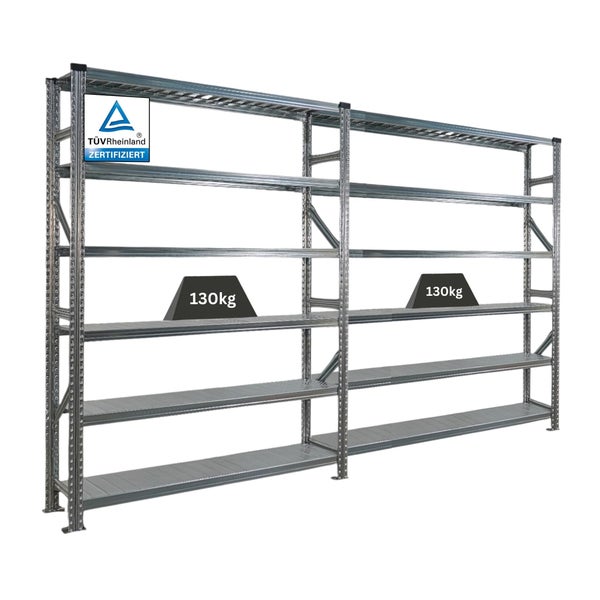 Zwei Metallregale mit jeweils einer Traglast von 130 Kilogramm und TÜV Rheinland Zertifizierung