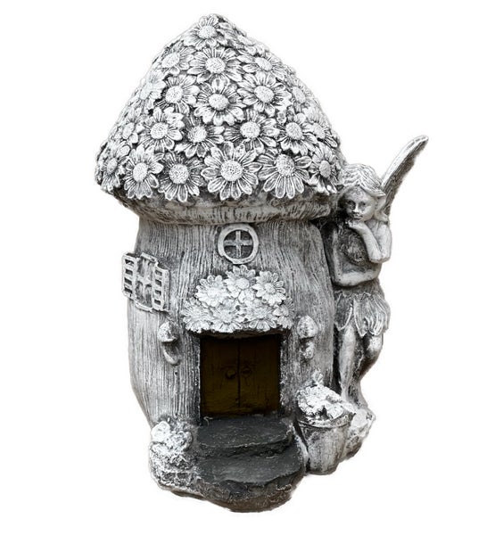Gartendeko-Figur Feenhaus in Pilzform aus Steinguss mit kleiner Fee.