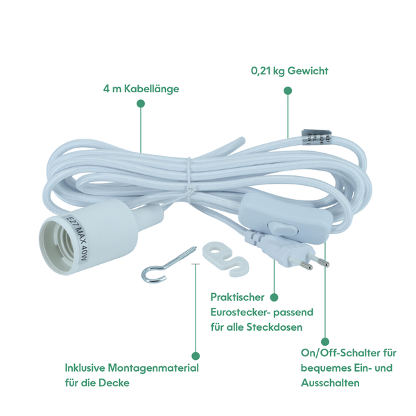 Parus by Venso E27 Lampenfassung 4m Textilkabel Weiß, Eurostecker, Venso Ecosolutions Lampenfassung E27 mit Kabel für E27 LED Lampe, Bulb Holder, Kabel für Lampe, Fassung E27 Weiß