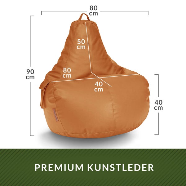 Green Bean Sitzsack aus Kunstleder mit EPS Perlen Füllung - 90 x 80 x 70 cm - Bean Bag Sitzkissen Sitzpuff Sitzsessel Bodenkissen Lounge Gaming Chair Rückenlehne - Cognac