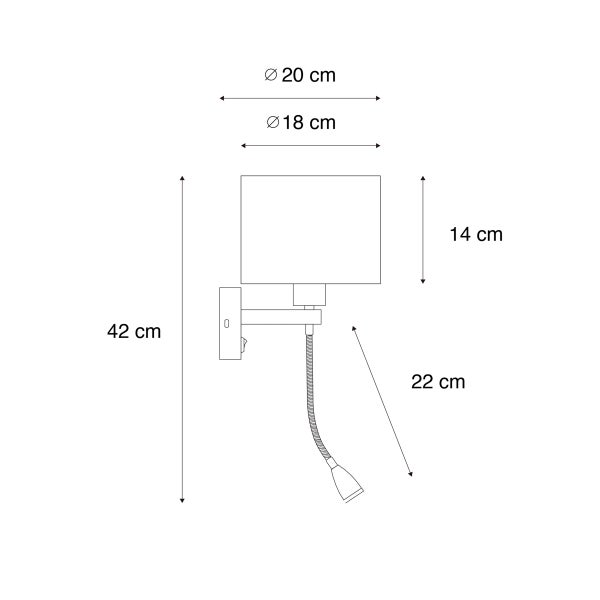 Technische Zeichnung einer Wandleuchte mit Leselampe und den Maßen Durchmesser 20 Zentimeter, Höhe 42 Zentimeter, Tiefe 22 Zentimeter.