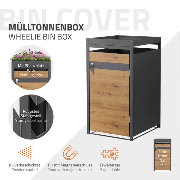 Mülltonnenbox mit Pflanzdach, Stahlgestell, Tür im Eiche-Dekor, Magnetverschluss, pulverbeschichtet und erweiterbar.