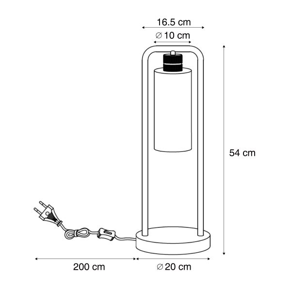 Technische Zeichnung einer 54 cm hohen Stehlampe mit 20 cm Durchmesser, 16,5 cm Breite und 10 cm Lampenschirmdurchmesser.