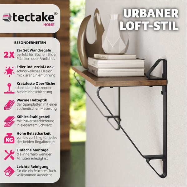 2er Set Wandregal tectake Irvine 60 x 20 x 33,5 cm Industrial Style Industrial Holz dunkel, rustikal