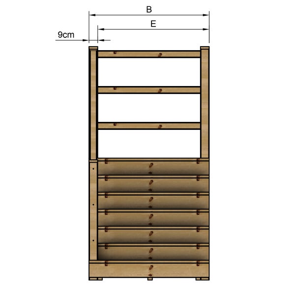 Diagramm eines Holzregals mit offenen Fächern und Schubladen zur Darstellung der Abmessungen