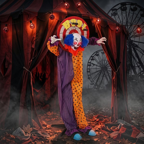 Animierte Halloween Gruselfigur Clown mit Zielscheibe vor einem Zirkuszelt, dekorative Halloween Figur für den Außenbereich.