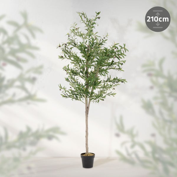 ML-Design Künstlicher Olivenbaum 210 cm, Künstliche Pflanzen groß, Kunstpflanze mit Naturholzstamm und Früchten, Fake Plastikpflanzen im Topf für Indoor Outdoor, Kunstbaum wie echt für Wohnzimmer Büro