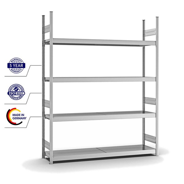 PROREGAL Weitspannregal Stecksystem T-Profil Grundregal HxBxT 250x200x40 cm 4 Ebenen Stahlplatten Fachboden Fachlast 350 kg Verzinkt