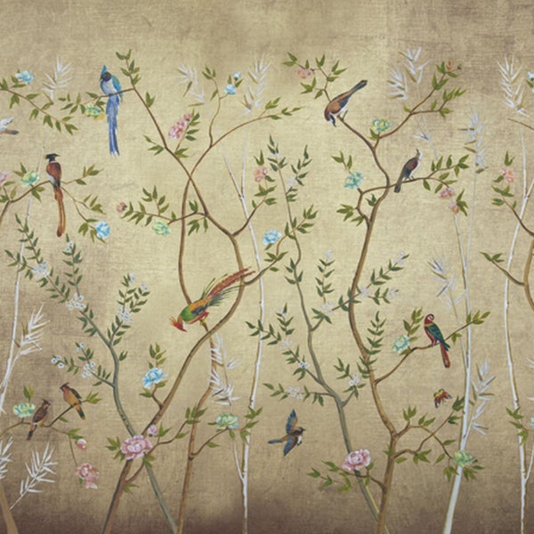 Tapete mit Vogel- und Pflanzenmuster