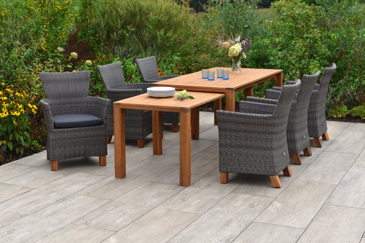 Toskana Gartenmöbelset 7tlg., Gartensessel inkl. Auflagen, Flexibler Ausziehtisch, grau