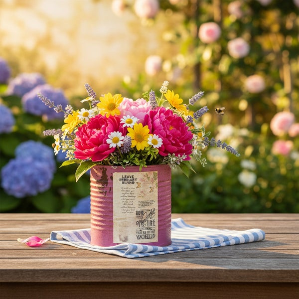 Blumenstrauß mit Pfingstrosen, Margeriten und Lavendel in einer dekorativen Blechdose auf einem Holztisch im Garten.