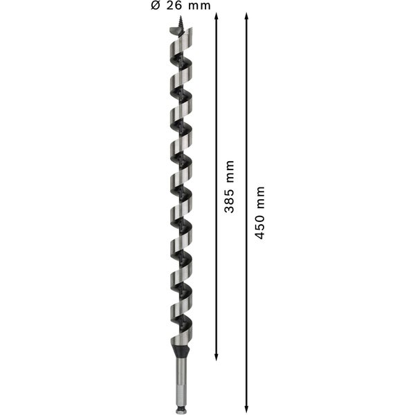 Holzspiralbohrer mit einem Durchmesser von 26 Millimetern und einer Länge von 450 Millimetern.