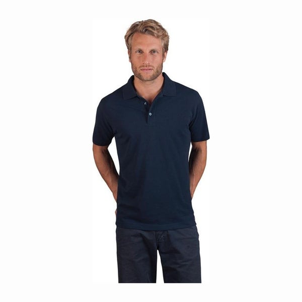 Dunkelblaues Poloshirt für Herren mit kurzen Ärmeln, Knopfleiste und Kragen.