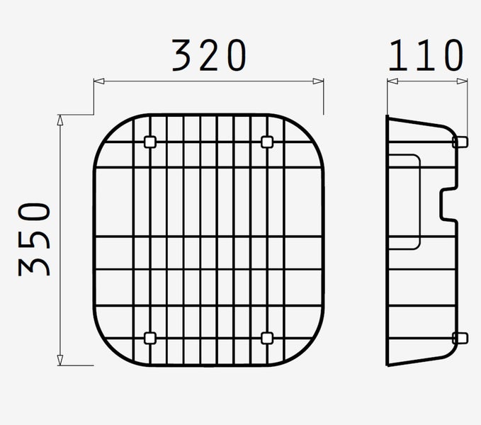 Technische Zeichnung mit Abmessungen: 320 mm Breite und 350 mm Höhe