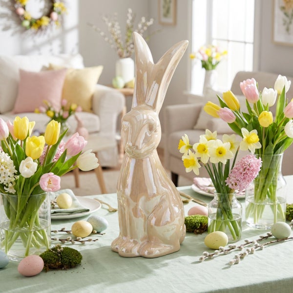 Osterdekoration mit einer glänzenden Osterhasenfigur aus Keramik, umgeben von Tulpen, Narzissen und Ostereiern auf einem gedeckten Tisch.