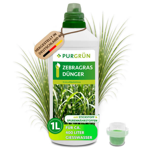 Purgrün Zebragras Dünger, 1 Liter, Flüssigdünger mit Stickstoff und Spurennährstoffen, für circa 400 Liter Gießwasser, hergestellt in Deutschland.