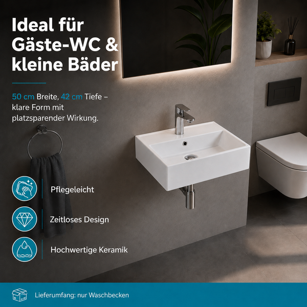 Wandhängendes weißes Keramik-Waschbecken in einem kompakten Badezimmer mit Armatur, beleuchtetem Spiegel und Gäste-WC.