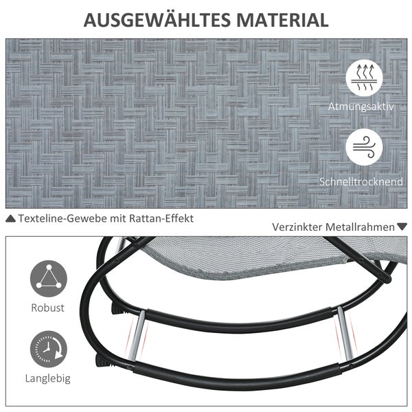 Texteline-Gewebe mit Rattan-Effekt und verzinkter Metallrahmen. Eigenschaften: atmungsaktiv, schnelltrocknend, robust und langlebig.