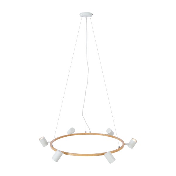 Hängeleuchte mit Holzring und mehreren Strahlern