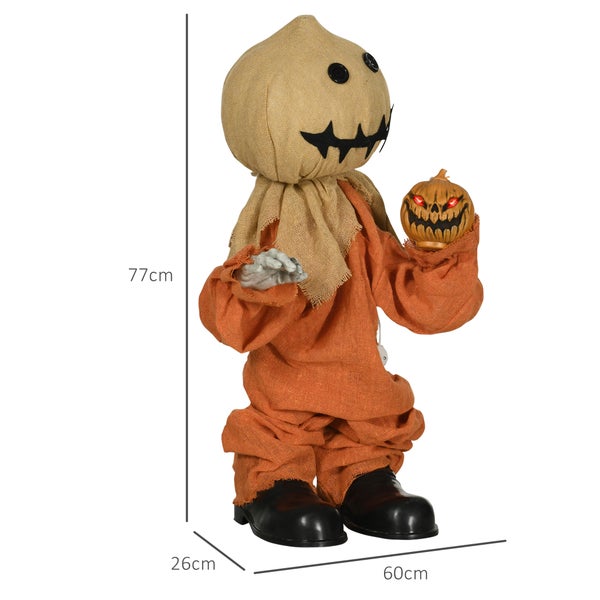 Halloween-Dekofigur mit Kürbis und den Maßen 77 cm Höhe, 26 cm Tiefe und 60 cm Breite.