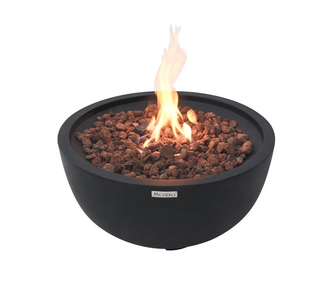 Schwarze Modeno Gas-Feuerschale aus Faserbeton mit Lavasteinen und brennender Flamme.