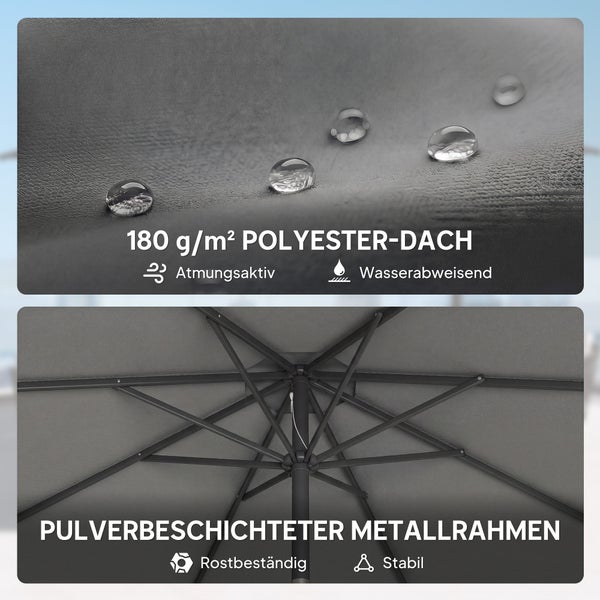 Sonnenschirm-Details: 180 Gramm pro Quadratmeter Polyesterstoff, atmungsaktiv, wasserabweisend sowie stabiler rostbeständiger Metallrahmen.