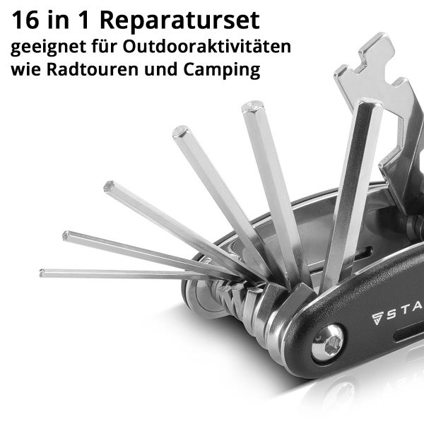 16-in-1 Reparaturset aus Metall mit verschiedenen Inbusschlüsseln und Werkzeugen für Outdoor-Aktivitäten wie Radtouren und Camping.